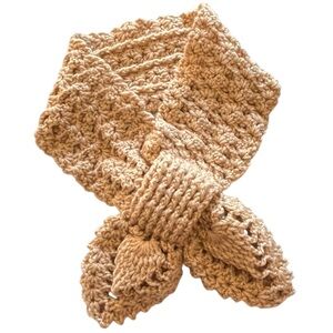 Hand Knit Crochet Scarf Keyhole Front Leaf Design Tan Beige Neutral